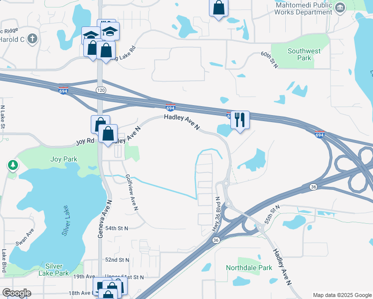 map of restaurants, bars, coffee shops, grocery stores, and more near 5680 Hadley Avenue North in Oakdale