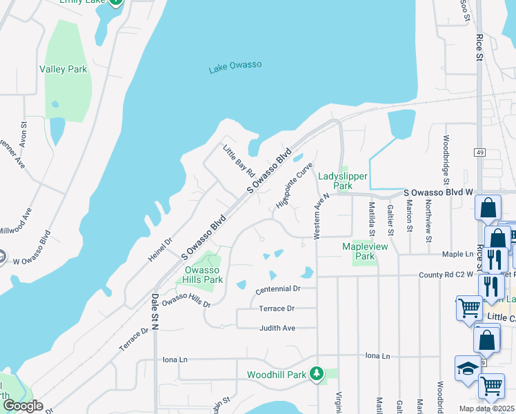 map of restaurants, bars, coffee shops, grocery stores, and more near 472 South Owasso Boulevard in Roseville