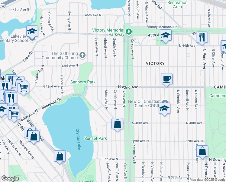 map of restaurants, bars, coffee shops, grocery stores, and more near 4200 Zenith Avenue North in Minneapolis