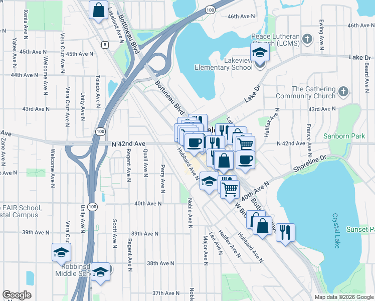 map of restaurants, bars, coffee shops, grocery stores, and more near in Robbinsdale