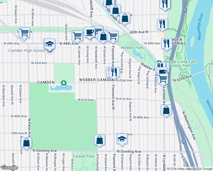 map of restaurants, bars, coffee shops, grocery stores, and more near in Minneapolis