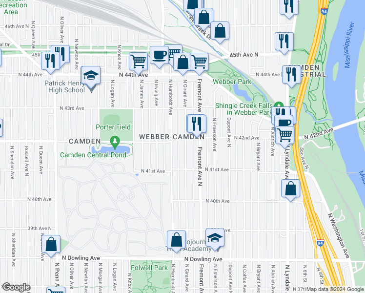 map of restaurants, bars, coffee shops, grocery stores, and more near 4139 Girard Avenue North in Minneapolis