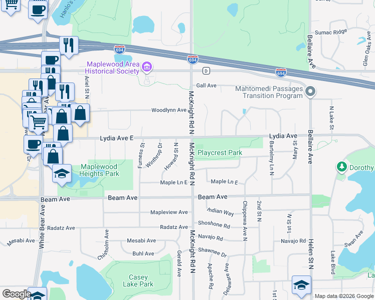 map of restaurants, bars, coffee shops, grocery stores, and more near 2992 Howard Street North in Maplewood