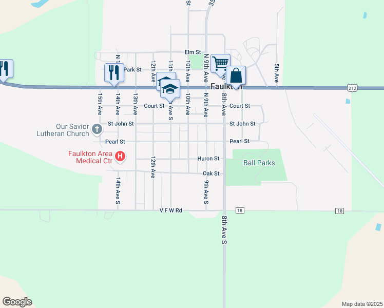 map of restaurants, bars, coffee shops, grocery stores, and more near 10th Ave N in Faulkton