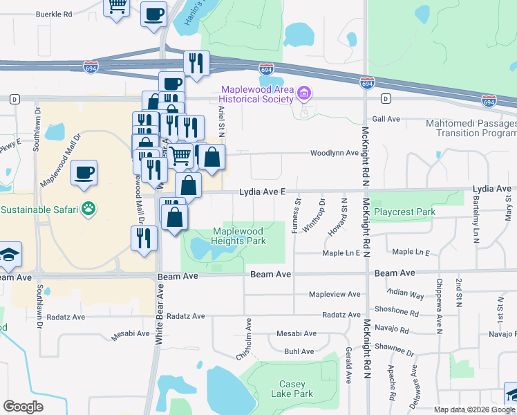 map of restaurants, bars, coffee shops, grocery stores, and more near 2996 Frederick Parkway in Saint Paul