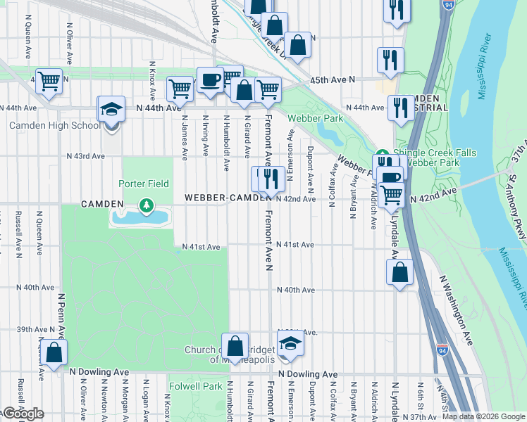 map of restaurants, bars, coffee shops, grocery stores, and more near 1223 North 42nd Avenue in Minneapolis