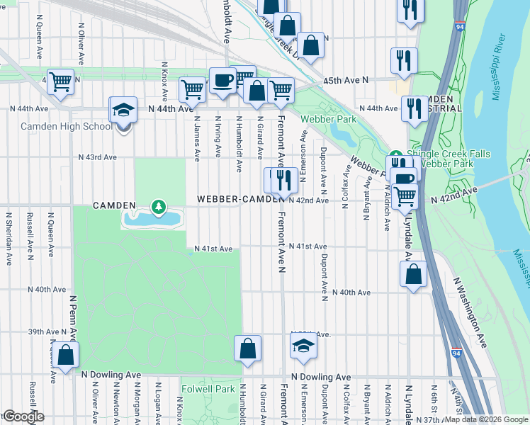 map of restaurants, bars, coffee shops, grocery stores, and more near in Minneapolis