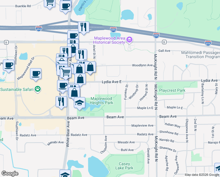 map of restaurants, bars, coffee shops, grocery stores, and more near 2996 Frederick Parkway in Saint Paul
