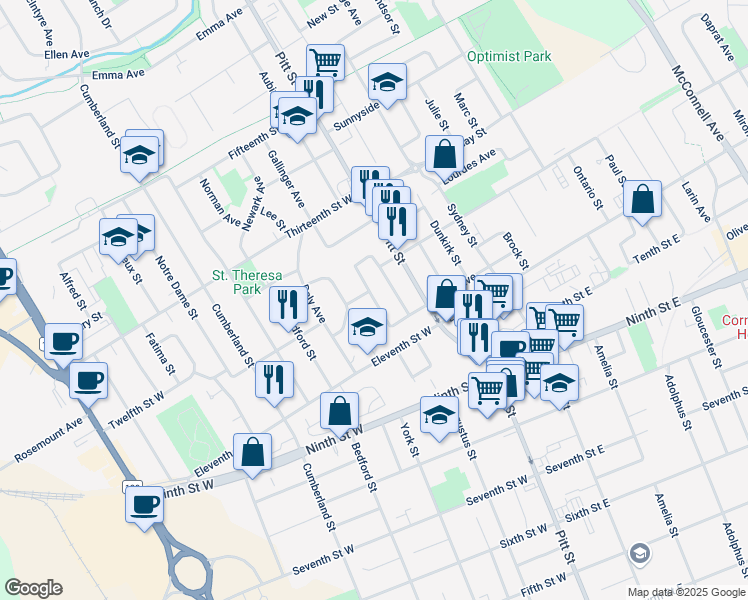 map of restaurants, bars, coffee shops, grocery stores, and more near Fennell Crescent in Cornwall