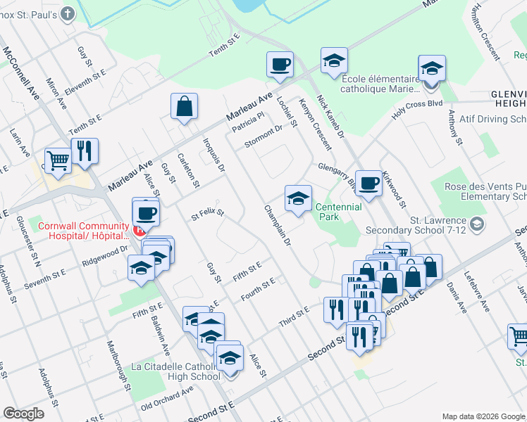 map of restaurants, bars, coffee shops, grocery stores, and more near 1304 Lochiel Street in Cornwall