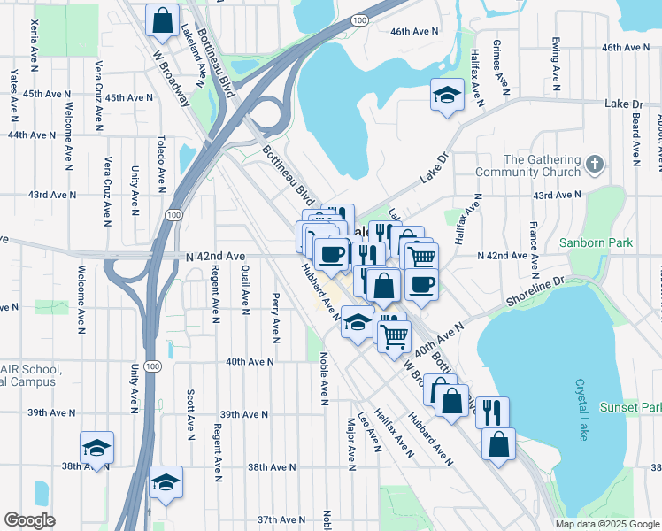 map of restaurants, bars, coffee shops, grocery stores, and more near in Robbinsdale
