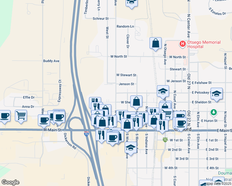 map of restaurants, bars, coffee shops, grocery stores, and more near 321 North Ohio Avenue in Gaylord
