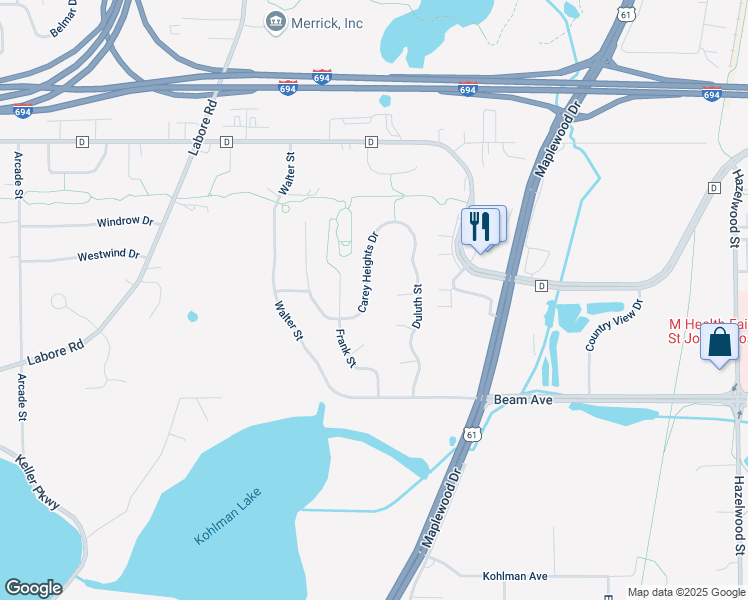 map of restaurants, bars, coffee shops, grocery stores, and more near 3000 Carey Heights Drive in Maplewood