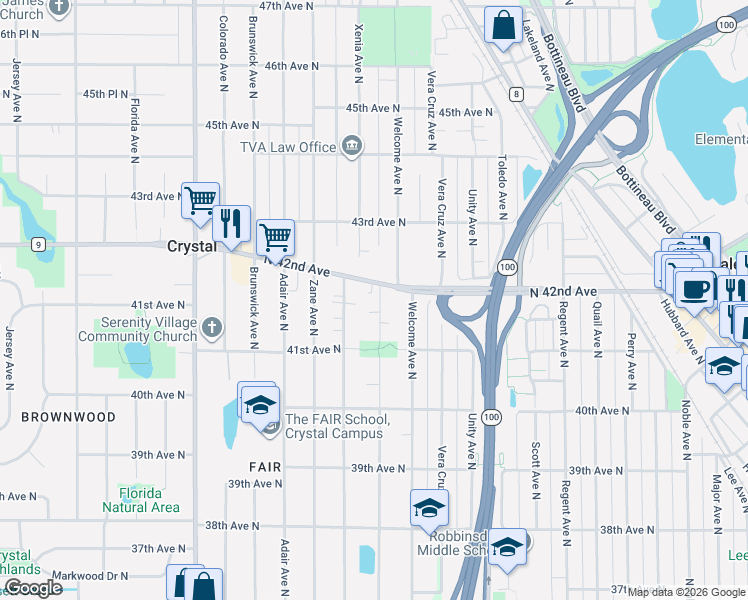 map of restaurants, bars, coffee shops, grocery stores, and more near 5701 North 42nd Avenue in Robbinsdale