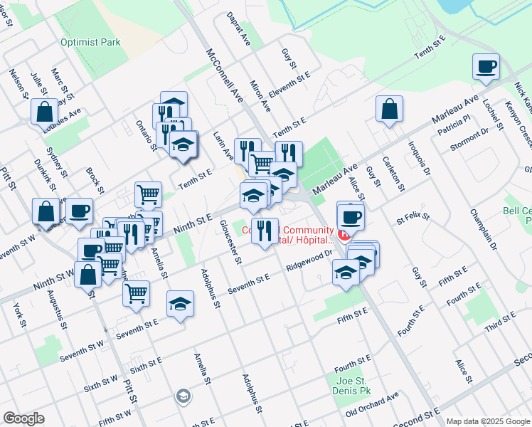 map of restaurants, bars, coffee shops, grocery stores, and more near 845 Marlborough Street in Cornwall
