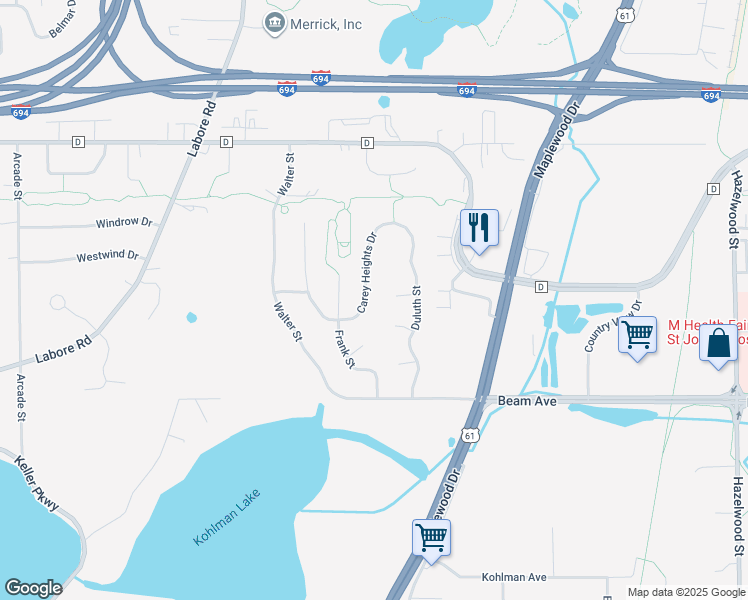 map of restaurants, bars, coffee shops, grocery stores, and more near 3000 Carey Heights Drive in Maplewood