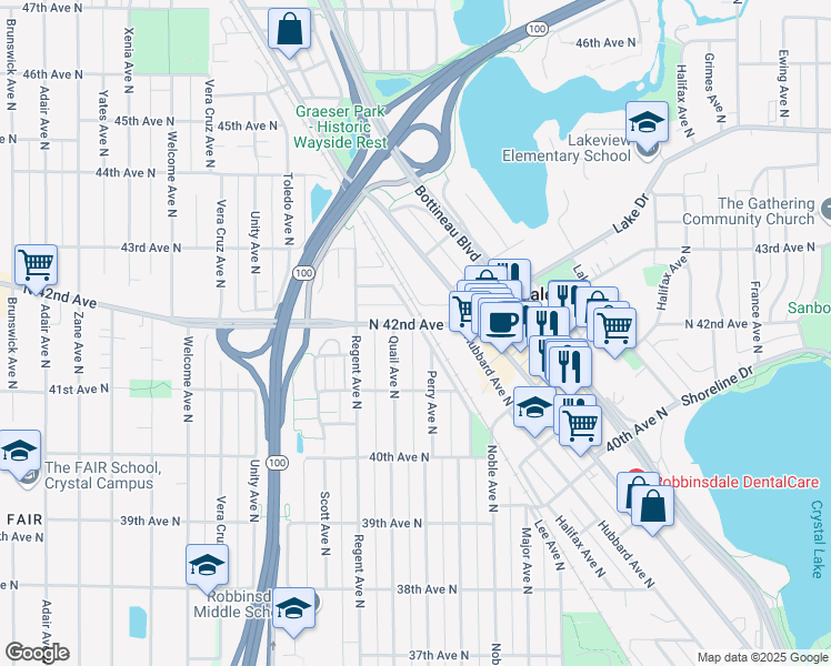 map of restaurants, bars, coffee shops, grocery stores, and more near 4915 North 42nd Avenue in Robbinsdale