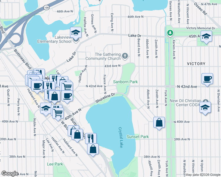map of restaurants, bars, coffee shops, grocery stores, and more near 4201 Ewing Avenue North in Minneapolis