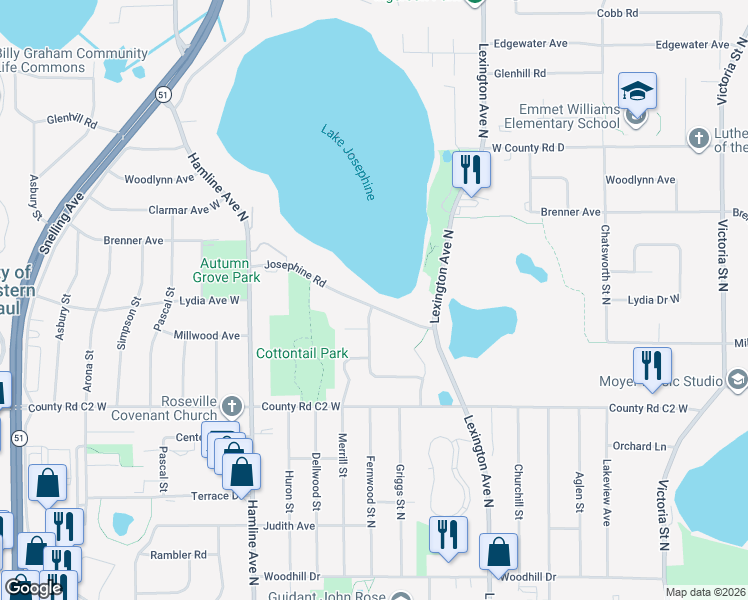 map of restaurants, bars, coffee shops, grocery stores, and more near 1211 Josephine Road in Roseville