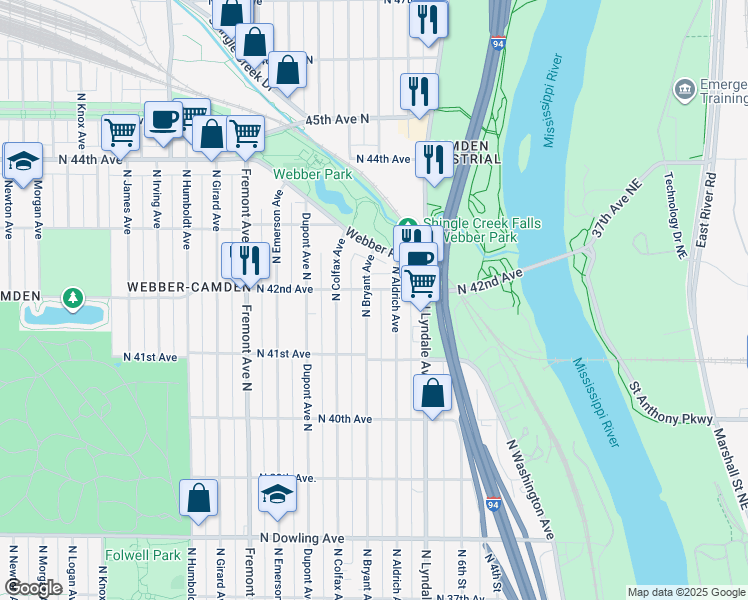 map of restaurants, bars, coffee shops, grocery stores, and more near 909 North 42nd Avenue in Minneapolis
