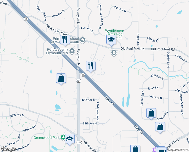 map of restaurants, bars, coffee shops, grocery stores, and more near 4125 Lawndale Lane North in Plymouth