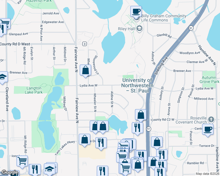 map of restaurants, bars, coffee shops, grocery stores, and more near 1708 Lydia Avenue West in Roseville