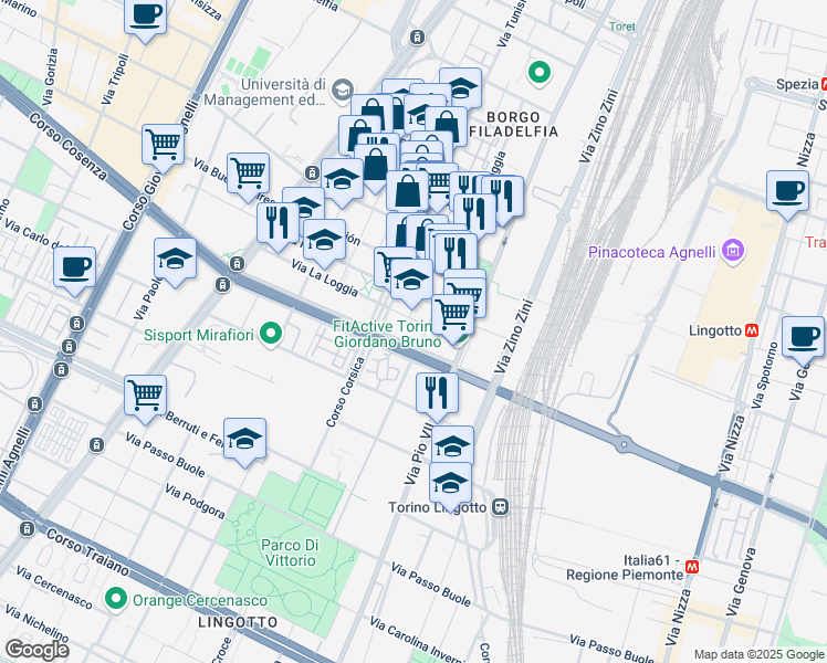map of restaurants, bars, coffee shops, grocery stores, and more near 44-48 Via la Loggia in Torino