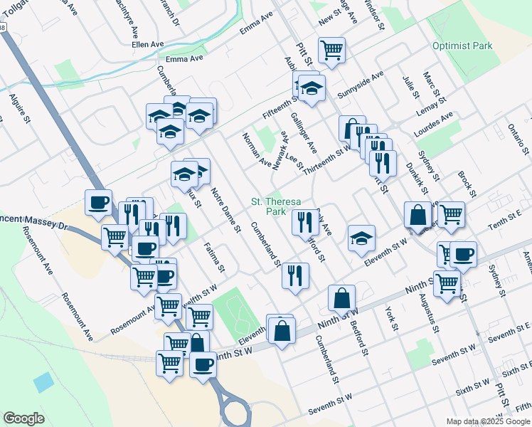 map of restaurants, bars, coffee shops, grocery stores, and more near 1242 Churchill Street in Cornwall