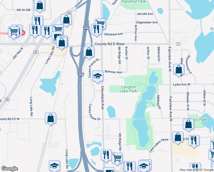 map of restaurants, bars, coffee shops, grocery stores, and more near 2996 Cleveland Avenue North in Roseville