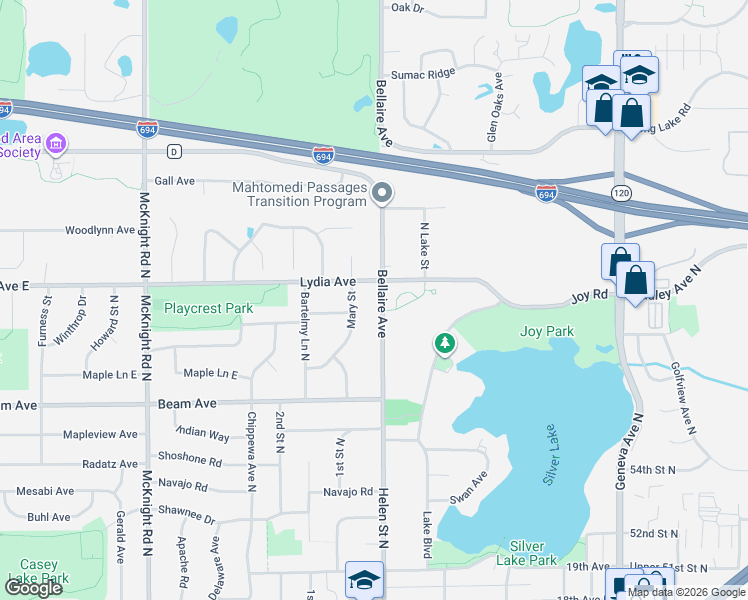 map of restaurants, bars, coffee shops, grocery stores, and more near 2997 Bellaire Avenue in Saint Paul