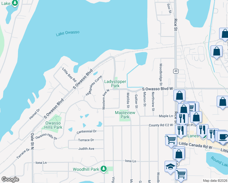 map of restaurants, bars, coffee shops, grocery stores, and more near 300-398 301-399 South Owasso Boulevard in Roseville