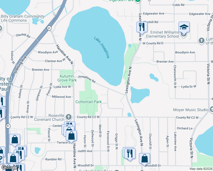 map of restaurants, bars, coffee shops, grocery stores, and more near 1211 Josephine Road in Roseville
