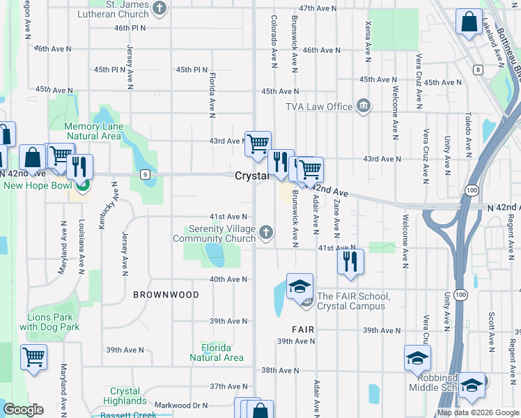 map of restaurants, bars, coffee shops, grocery stores, and more near in Crystal