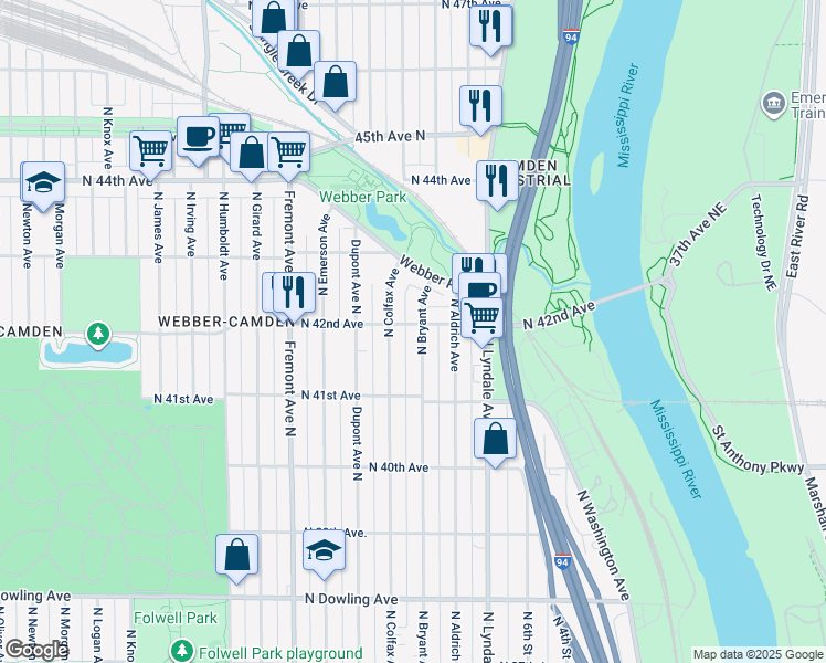 map of restaurants, bars, coffee shops, grocery stores, and more near 909 North 42nd Avenue in Minneapolis