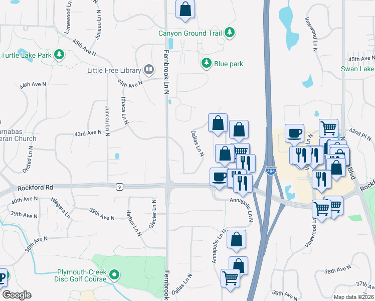 map of restaurants, bars, coffee shops, grocery stores, and more near 4155 Dallas Lane North in Plymouth