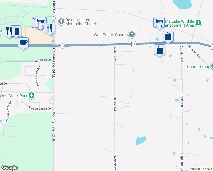 map of restaurants, bars, coffee shops, grocery stores, and more near 2980 Nelson Road in Delano