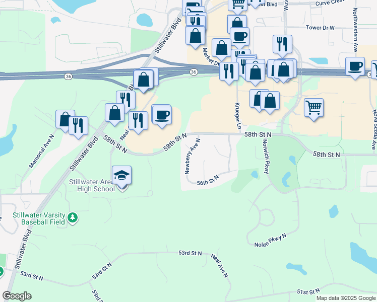 map of restaurants, bars, coffee shops, grocery stores, and more near 5710 Newberry Avenue North in Oak Park Heights
