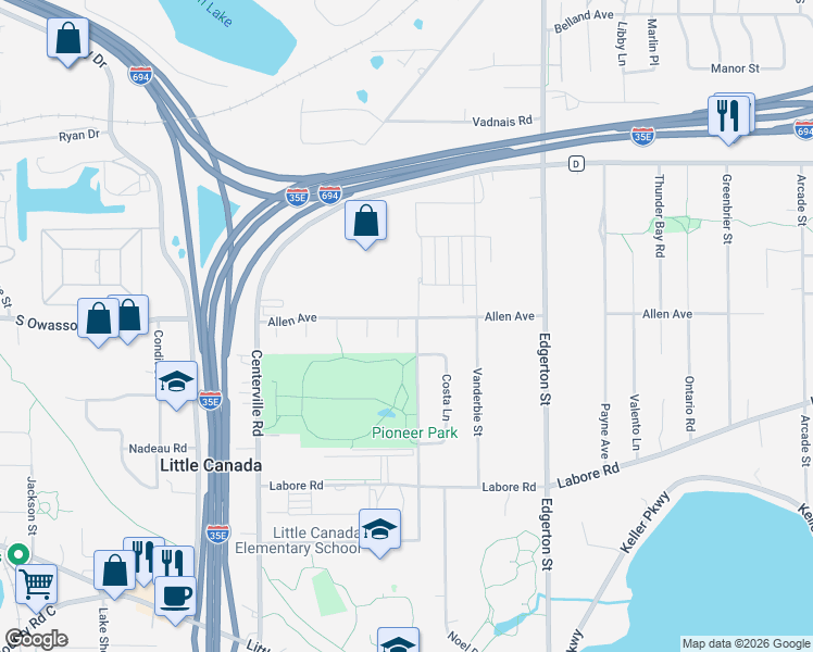 map of restaurants, bars, coffee shops, grocery stores, and more near 2995 Pitrina Way in Little Canada