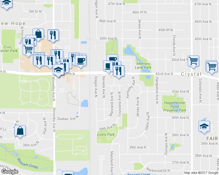 map of restaurants, bars, coffee shops, grocery stores, and more near 7321 41st Avenue North in Minneapolis