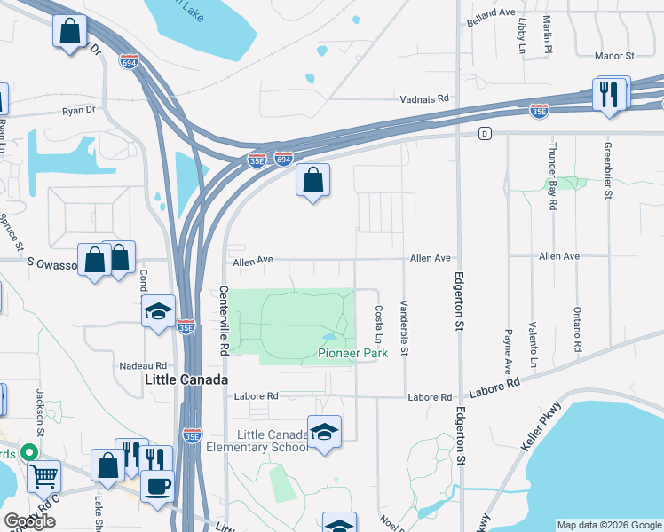 map of restaurants, bars, coffee shops, grocery stores, and more near 2995 Pitrina Way in Little Canada