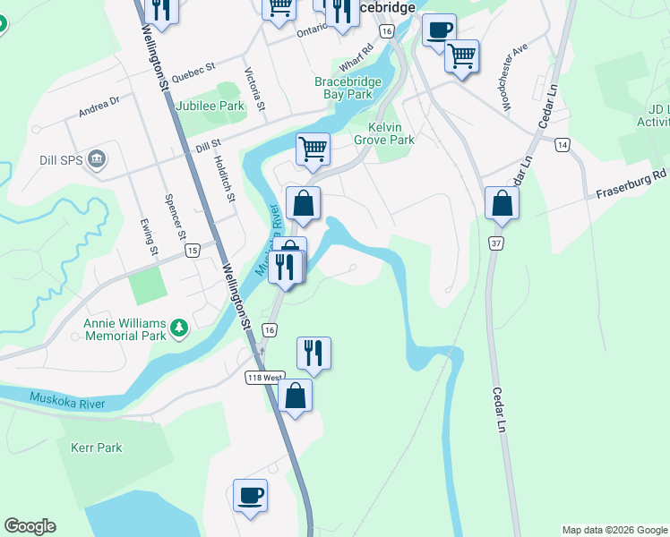 map of restaurants, bars, coffee shops, grocery stores, and more near 15 Southbank Drive in Bracebridge