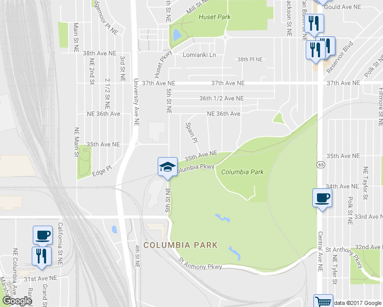 map of restaurants, bars, coffee shops, grocery stores, and more near 537 35th Avenue Northeast in Minneapolis
