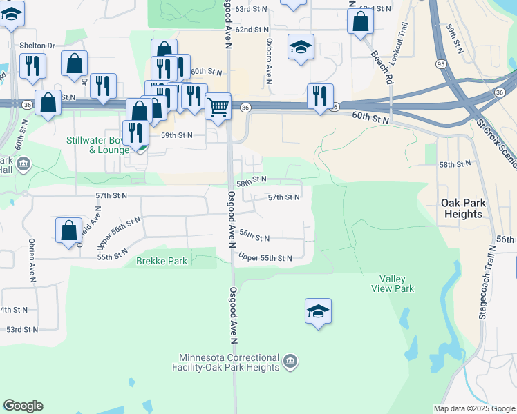 map of restaurants, bars, coffee shops, grocery stores, and more near 14843 57th Street North in Stillwater