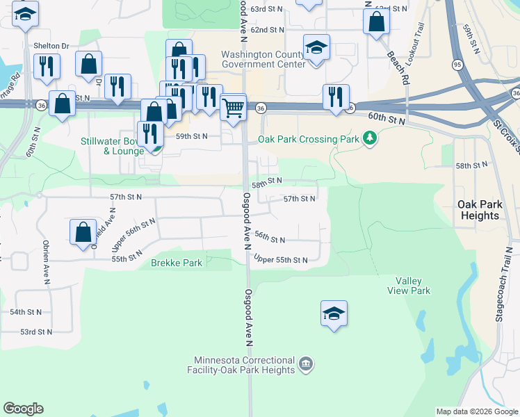 map of restaurants, bars, coffee shops, grocery stores, and more near 14789 57th Street North in Stillwater