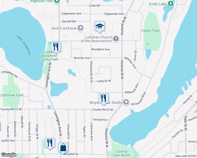 map of restaurants, bars, coffee shops, grocery stores, and more near 989 Lydia Drive West in Saint Paul