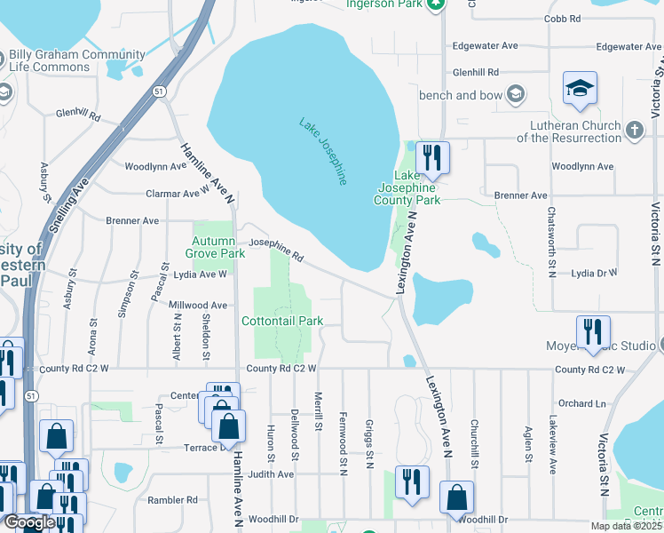 map of restaurants, bars, coffee shops, grocery stores, and more near 1245 Josephine Road in Roseville