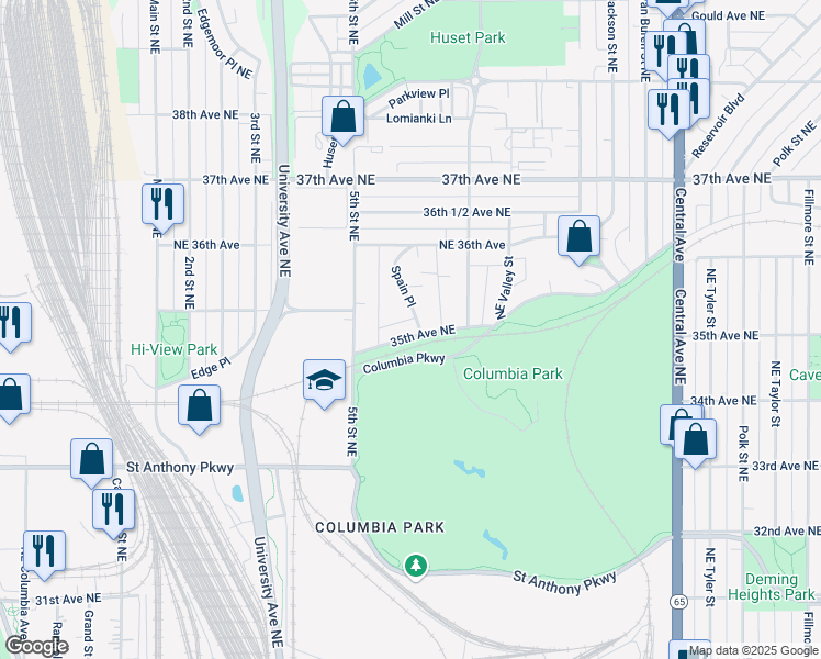 map of restaurants, bars, coffee shops, grocery stores, and more near 537 35th Avenue Northeast in Minneapolis