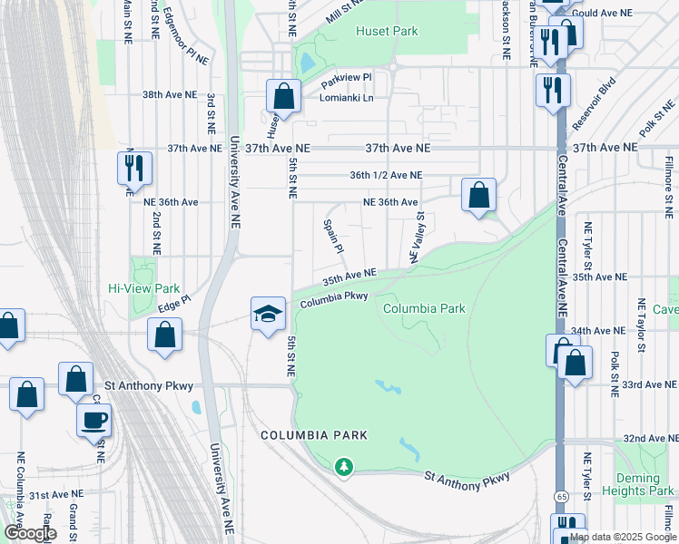 map of restaurants, bars, coffee shops, grocery stores, and more near 537 35th Avenue Northeast in Minneapolis