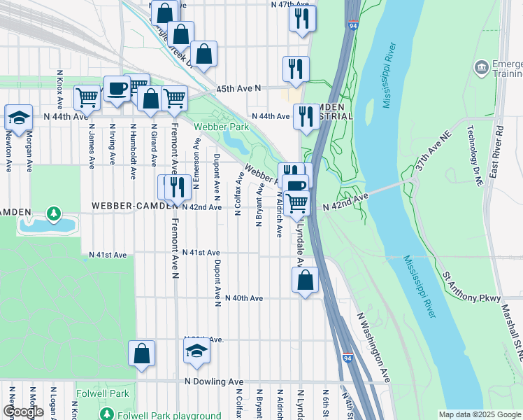 map of restaurants, bars, coffee shops, grocery stores, and more near 909 North 42nd Avenue in Minneapolis