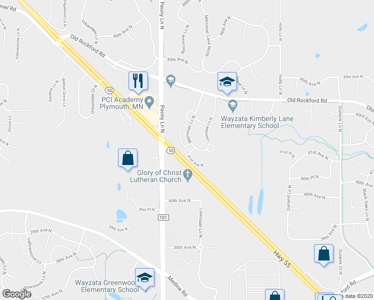 map of restaurants, bars, coffee shops, grocery stores, and more near 85 41st Avenue North in Plymouth